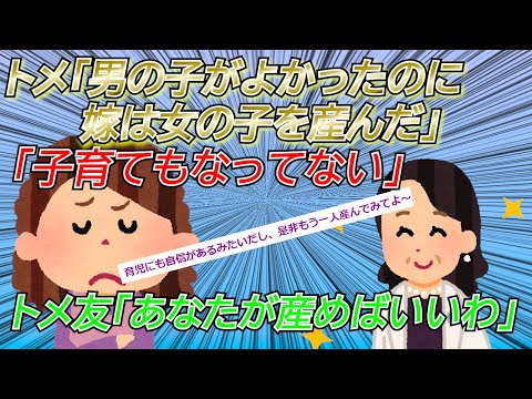 【2chスカッと】トメ「男の子が欲しかったのに、この嫁は女の子を産んだ」「育児方法も全然なってない」トメ友「男の子が欲しいなら自分で生んだらいいのよー（ﾆｺﾆｺ」トメ「え…？」【ゆっくり】