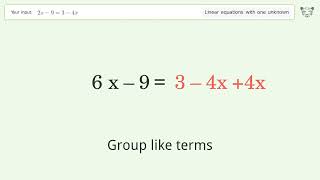 Linear equation with one unknown: Solve 2x-9=3-4x step-by-step solution