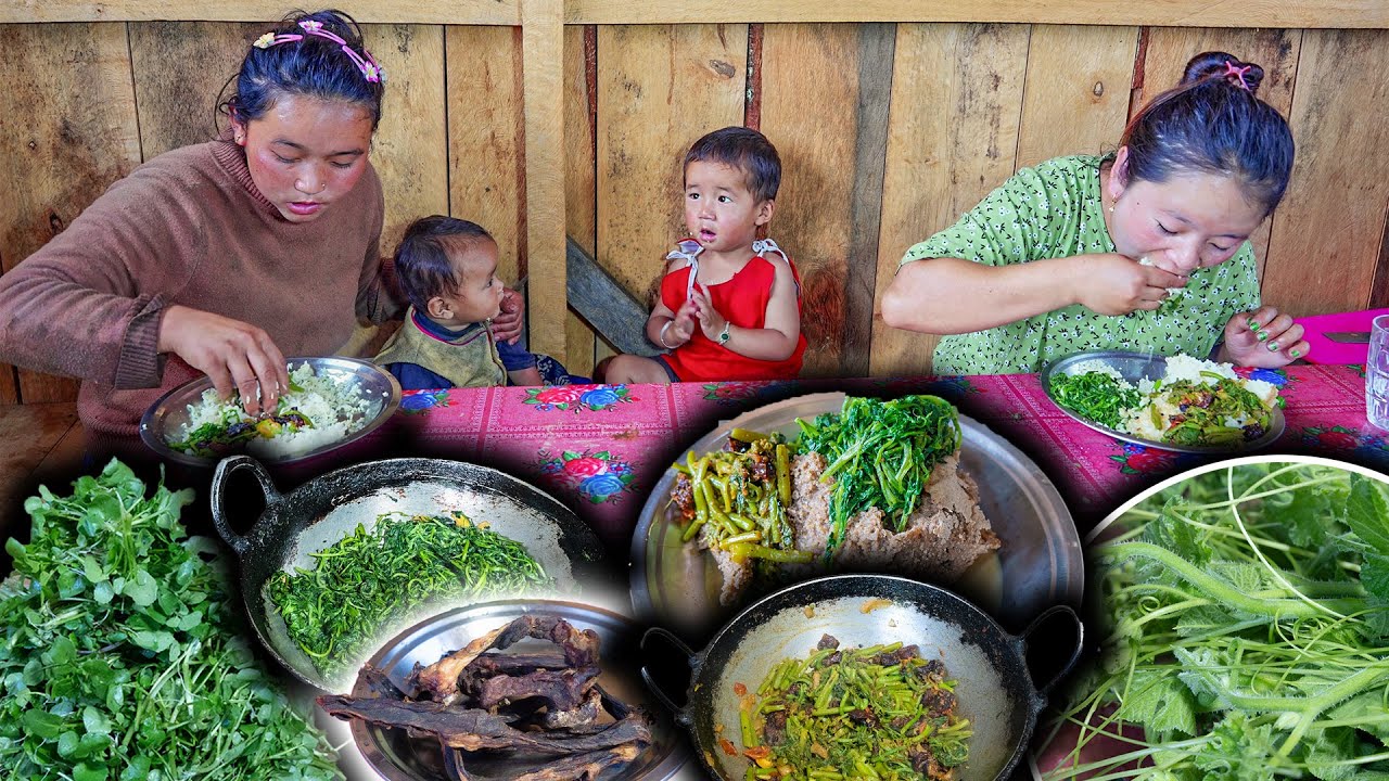 Green Pumpkin Vine, Organic Watercress (Simsag) and Buff Dry meat mix recipe || Nepali Village Vlog