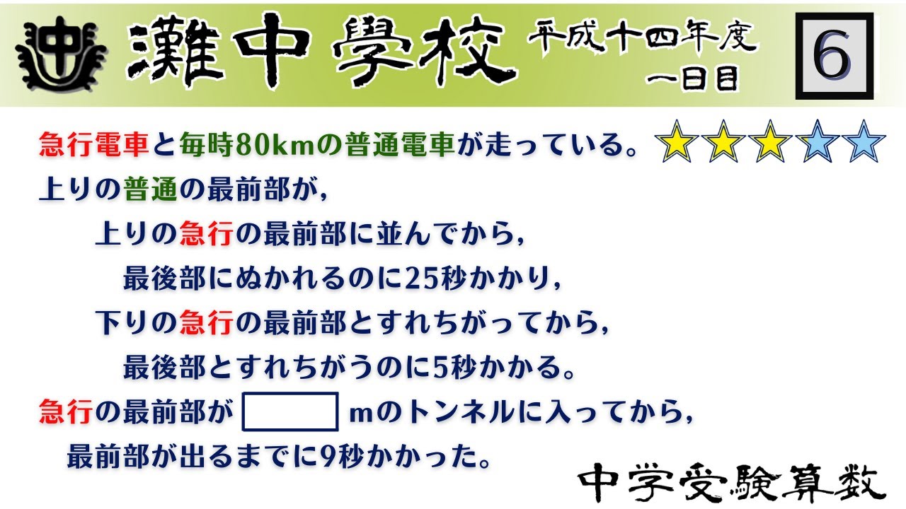 中学受験算数/SPI】通過算 脳トレ問題 平成14年(2002）灘中1日