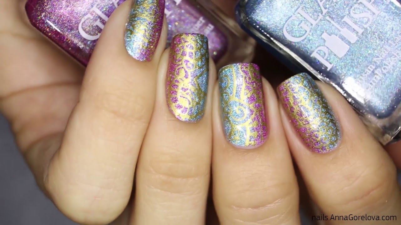 Glam Polish ombre holographic nails with Creative Shop stamper / Градиент кистями лаков