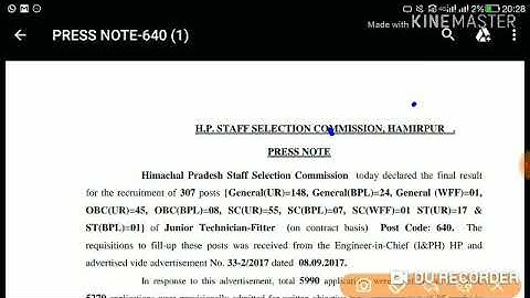 HPSSC Junior Tech Fitter ( Post code - 640 ) Final Result Declared Today | Held in - August 2018 |
