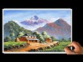 Nepali painting  beautiful nepali village landscape painting  scenery painting  art candy nepal