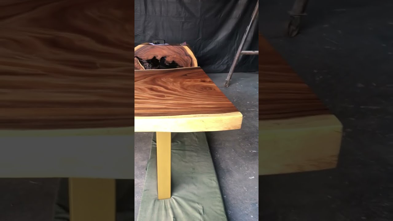Bespoke Dining Table Made From Golden Acacia Live Edge Slab With Hand Welded Steel Legs In Gold 