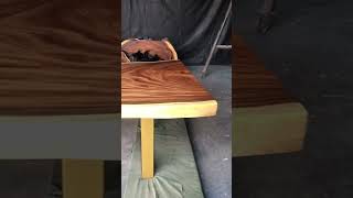 Bespoke Dining Table Made From Golden Acacia Live Edge Slab With Hand Welded Steel Legs In Gold