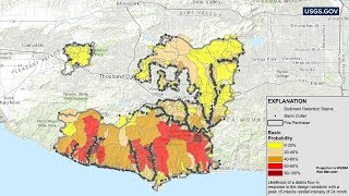 A map created by the u.s. geological survey shows likelihood and
magnitude of debris flow when rain hits woolsey fire burn areas.
details: https://ab...