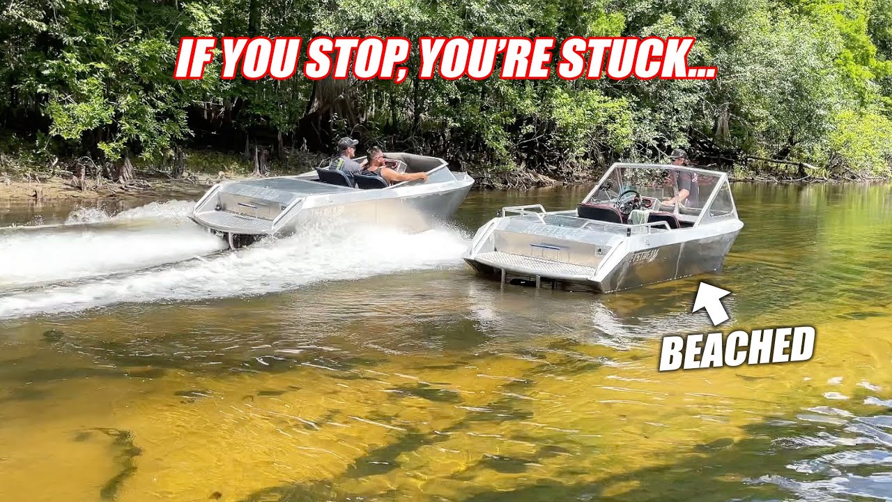 ⁣Taking Our Supercharged Mini Jet Boats Up the SHALLOWEST River Possible... NAILED a Boulder!!!