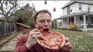 Elon Musk eats pineapple anchovies pizza. AI 2024