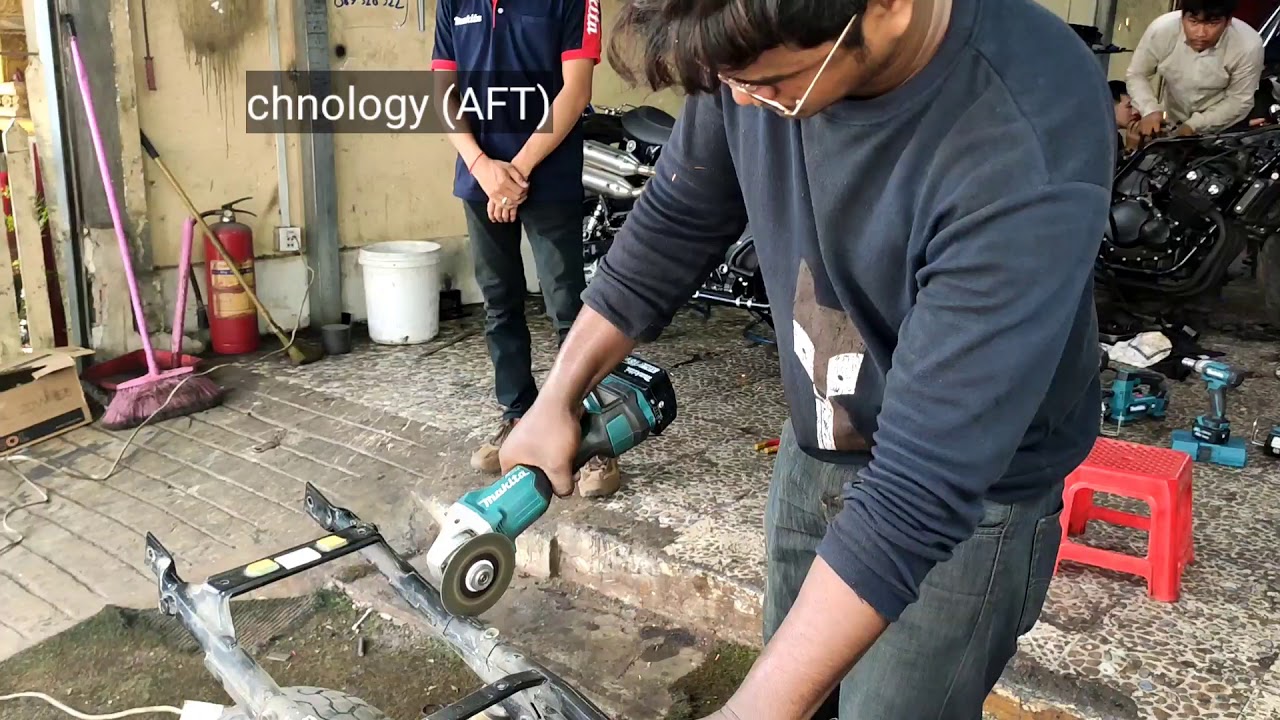 Cordless Grinder 100mm 18V testing for cutting chassis of Motorcycle