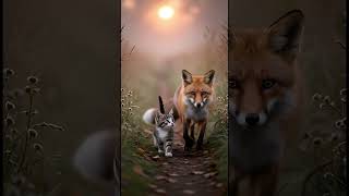 Fox Leading Lost Kitten In Warm Dawn