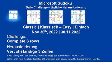 Sudoku Daily Challenges | Classic - Easy | Nov 30th, 2022