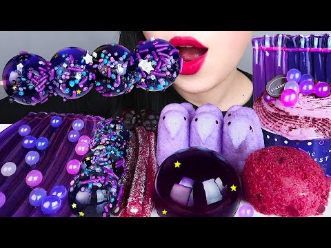 ASMR PURPLE DESSERTS 보라색 디저트 BTS STARBUCKS, GALAXY CAND, JELLY NOODLES, POPING BOBA EATING MUKBANG먹방