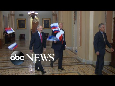 Protester throws Russian flags at President Donald Trump ahead of Capitol Hill lunch