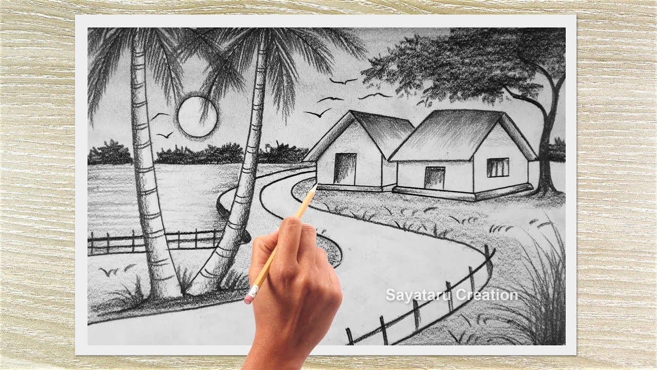 EASY Sunset Landscape Pencil Drawing, Step by Step Scenery Sketch for ...