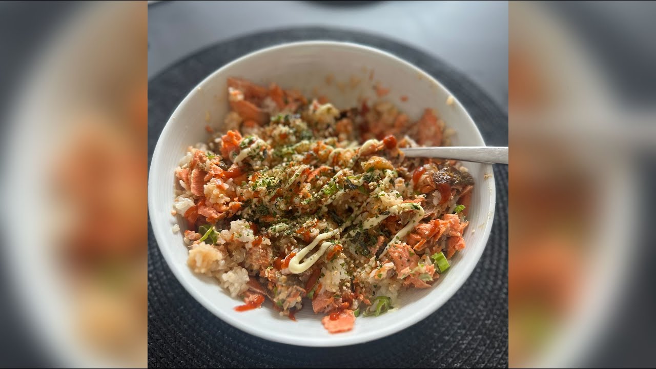 Making a salmon bowl for lunch and not like Emily Mariko's because I
