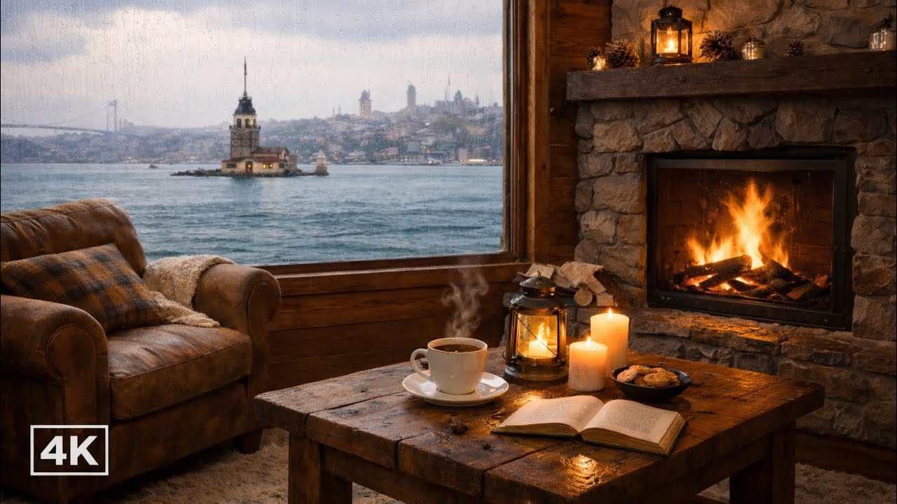 Cozy Istanbul Rainy Evening Ambience 🌧️ City Lights & Gentle Jazz | 4K Bosphorus View Retreat 🌉