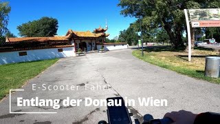 Entlang der Donau in Wien, Fahrt mit E-Scooter, Ninebot Kick Scooter
