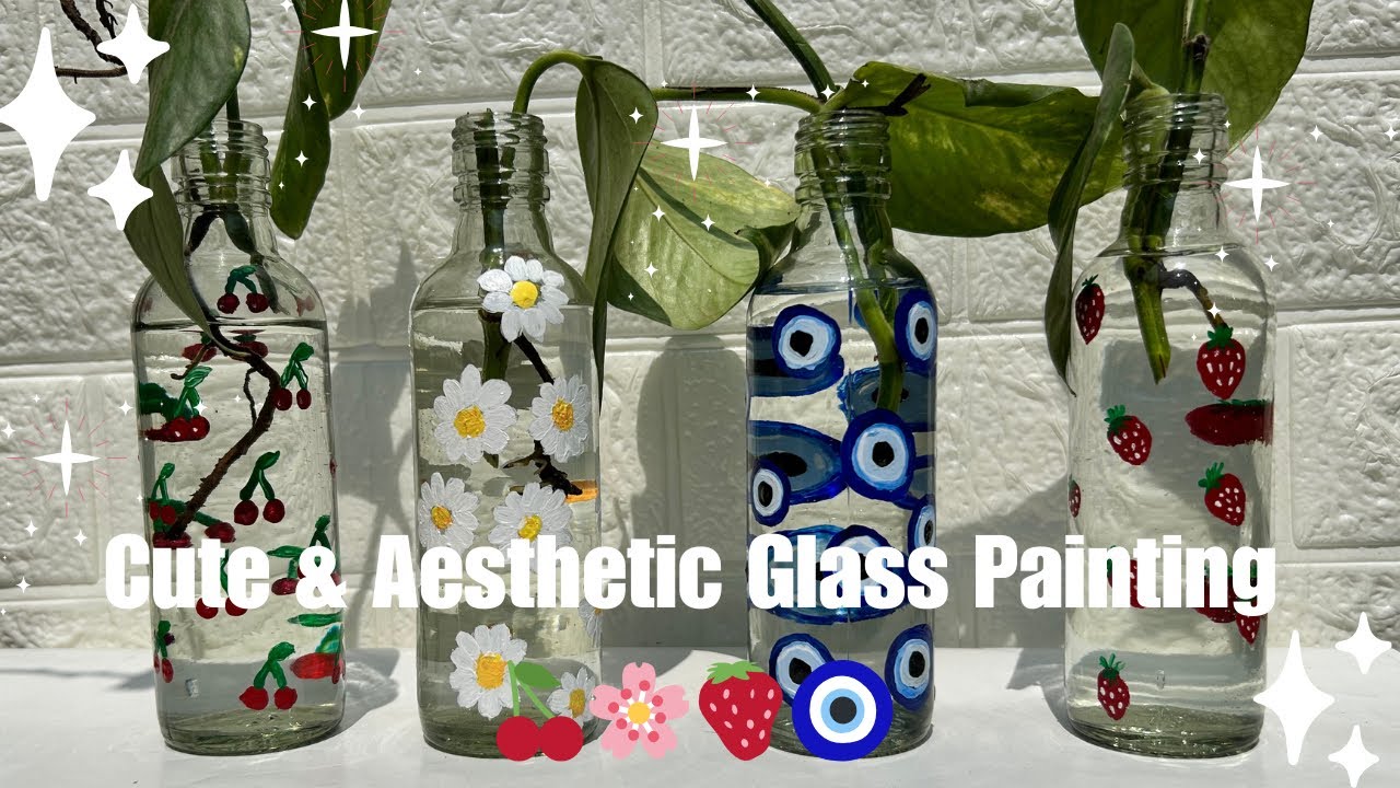 🎀Aesthetic ✨Glass Bottle Painting 🍓🧿🌸🍒| DIY Strawberry, Evil Eye & Cherry Blossom Art | homedecor 🏠 