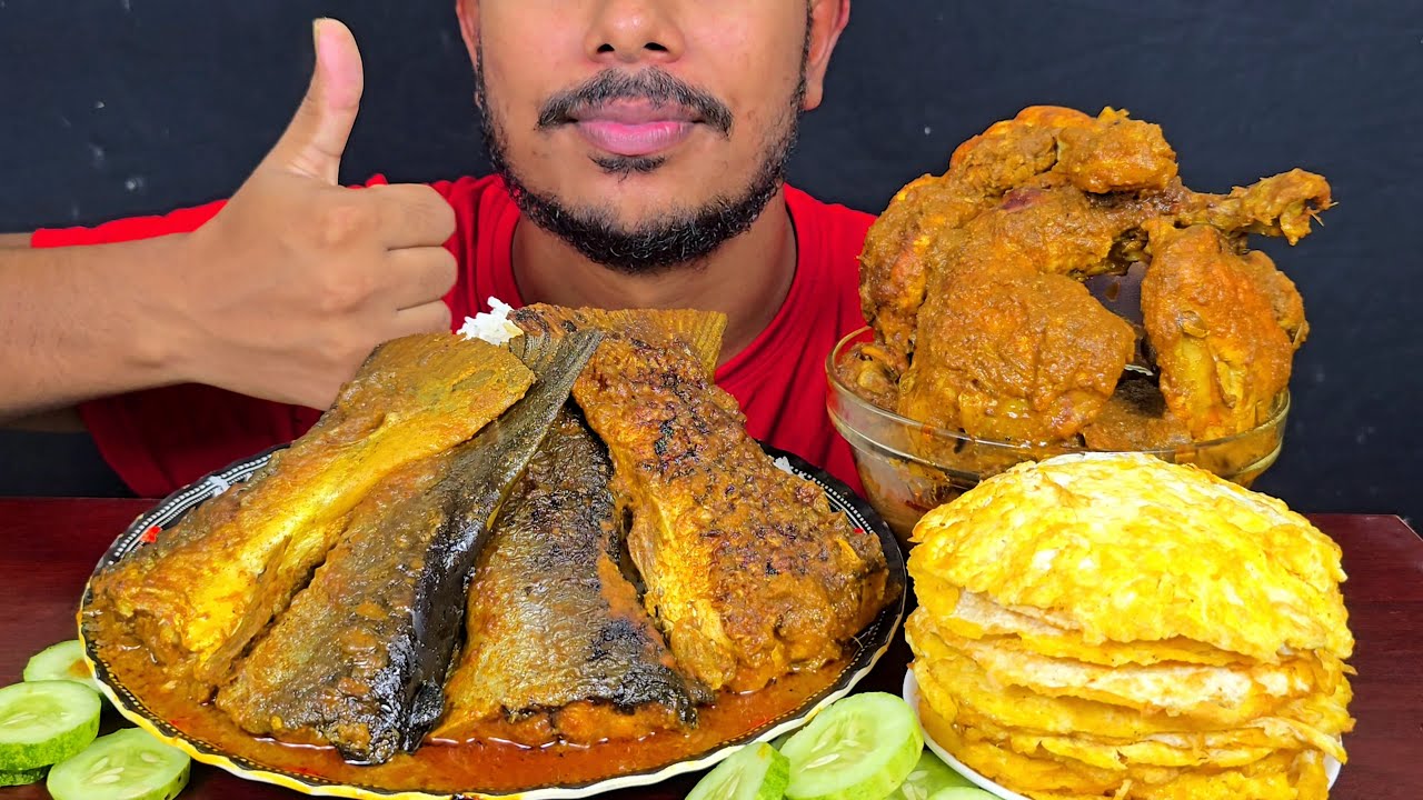 ASMR; Eating Spicy Fish Curry,Chicken Kosha,Eggs Omled With Rice Salat || Real Asmr Mukbong Show