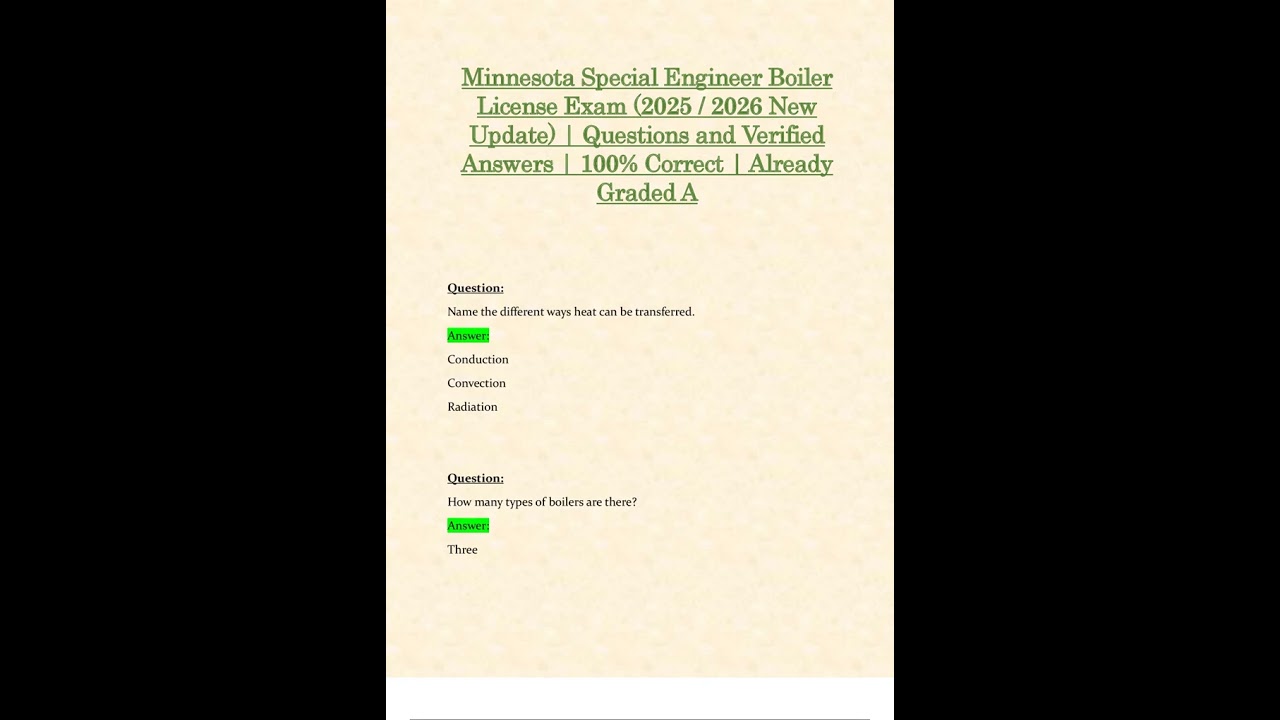 MINNESOTA SPECIAL ENGINEER BOILER LICENSE EXAM 2025 2026 NEW UPDATE QUESTIONS AND VERIFIED ANSWERS 1