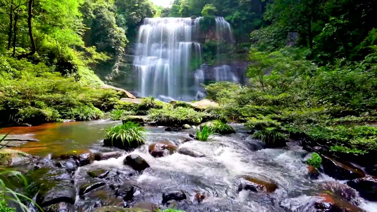 Waterfall flowing over rocks in forest 4k Relaxing flowing water White Noise for Sleep Meditation
