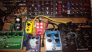 Distortion Pattern - Dark Space Ambient
Never exactly repeating sounds created via analogue synthesis. The heavy bass is the 2-Pole acting as a self oscillating modulated low pass with overdrive - yum. The higher frequencies are a more complex signal chain using the Behringer Model D, a flanger, phaser, chorus and delays. Distortion Pattern - Dark Space Ambient