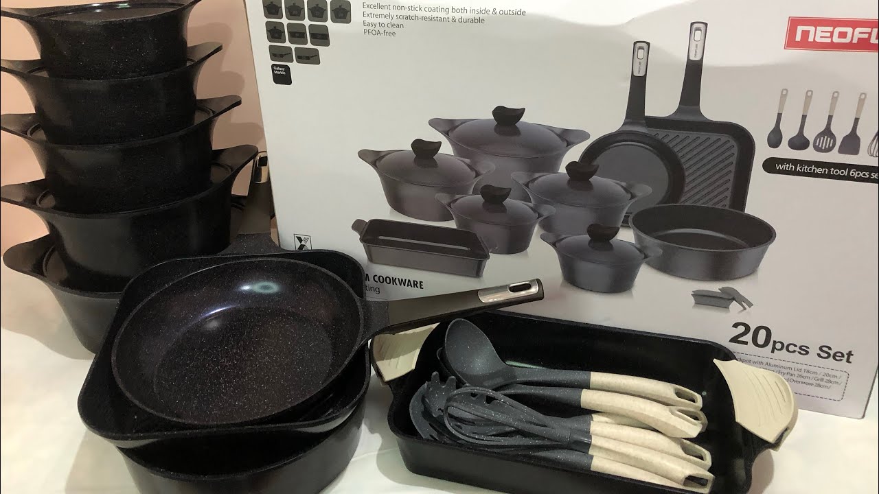 طقم حلل جرانيت نيوفلام الكوري باللون الاسود 20 قطعه