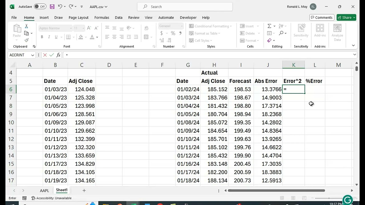 Forecasting Stock Prices in Excel using Regression