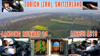 Zurich (ZRH) | approach and landing runway 14 | Airbus pilots + cockpit + instrument views | 4k