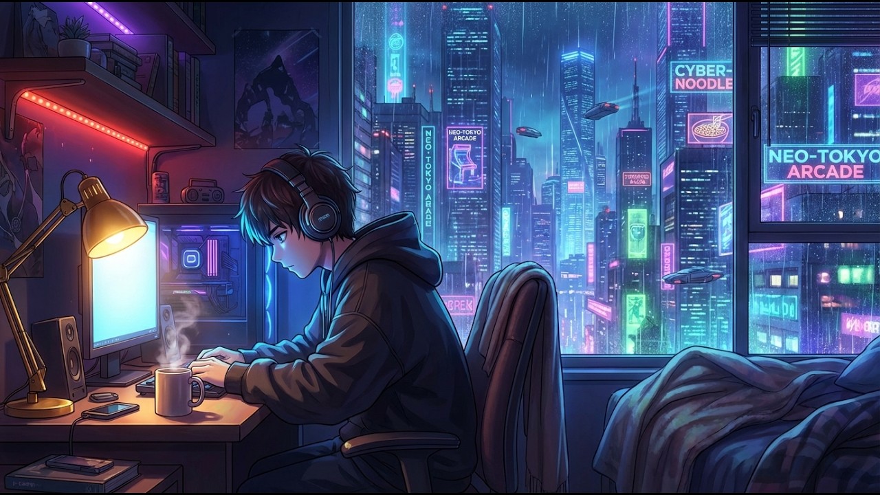Rainy Night Cyberpunk Lofi 🌧️ | Cozy Anime Study & Gaming Beats | 1 Hour Slow Focus Mix