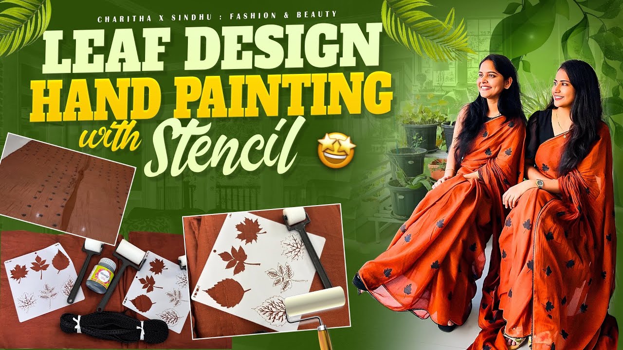 Leaf Design Hand Painting with Stencil 🍂 #blockprint #stencilpainting #saree #handmadesaree #paint 