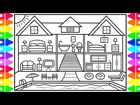 How to Draw a House with a Swimming Pool ❤️💜💚💙House with a Pool Drawing and Coloring Page