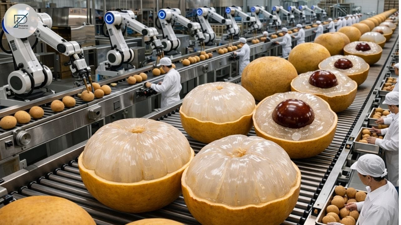 Dentro de una planta moderna de procesamiento de longan de fruta fresca a snacks secos