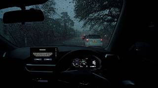 Driving in heavy rain towards night
