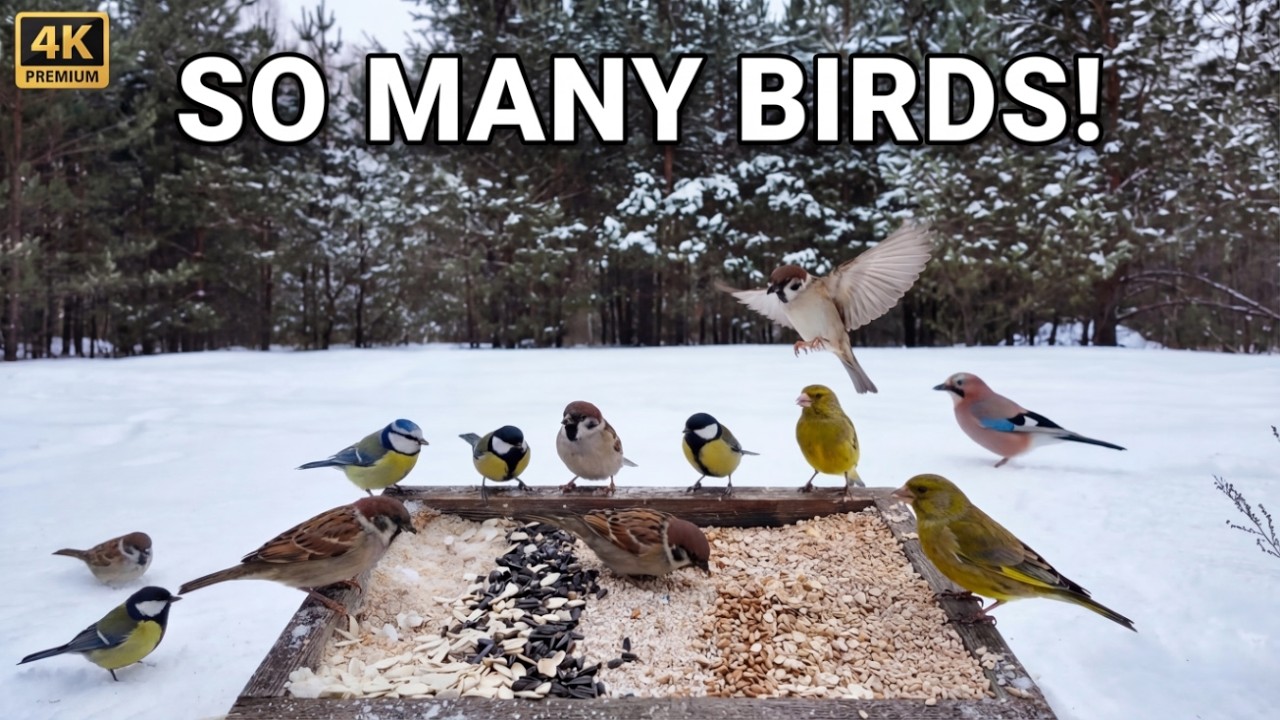 Cat TV Winter Bird Feeder 1 Hour — Jays, Woodpeckers, Great Tits & Sparrows  Snowy Forest Ambience 4