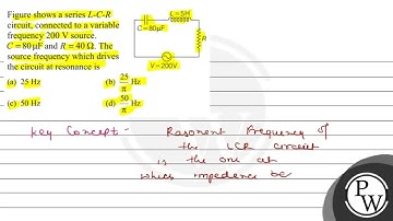 Figure shows a series \( L-C-R \) circuit, connected to a variable frequency \( 200 \mathrm{~V} ...