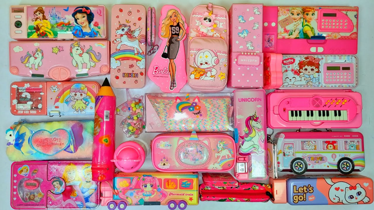 Pink pencil box collection - calculator pencil box, piano pencil box, unicorn pouch, princess pencil