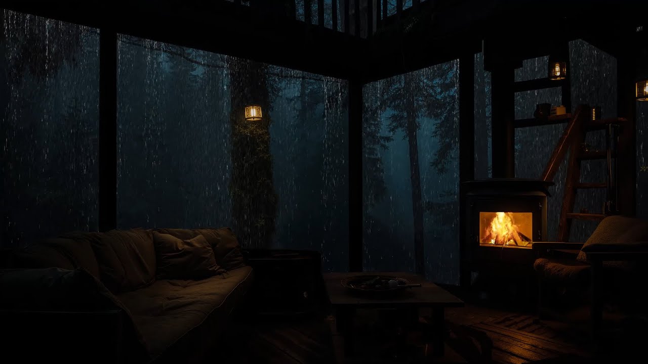 Rain Sounds in The Night Forest | Cozy Cabin with Fireplace Ambience for Deep Rest
