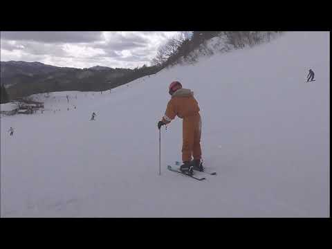 one-legged ski (traverse on upper board) 片足スキー。斜滑降。山足。エッジが引っかかって山側に倒れる。失敗例