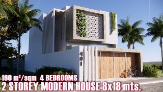 DISEÑO CASA MODERNA 8x18 4 RECAMARAS 160m2 #casa de 2 pisos #casa moderna #casa de 160 m² #rendering