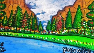 How to draw landscape painting #Yosemite Valley #Nature Painting #Valley Painting