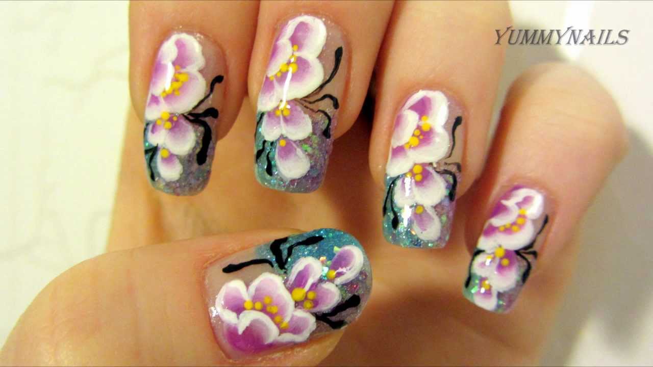 Nail Art Designs Purple White Cherry Blossom One Stroke Design