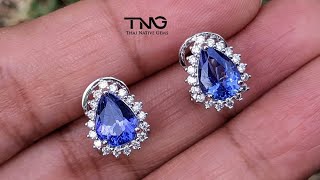 Pear Shape Cornflower Blue Tanzanite & Diamond Earrings in 18K White Gold from Bangkok, Thailand