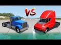 Tesla Semi Truck vs Diesel Truck on Water Potholes, Trains, Giant Bulge - BeamNG.Drive