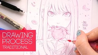 シャーペンで描く 赤いバラを持つ女の子アナログメイキング お絵かき講座パルミー