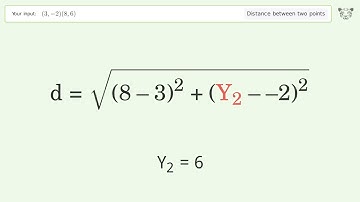 Find the distance between two points p1 (3,-2) and p2 (8,6): Step-by-Step Video Solution