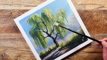 How to Paint a Weeping Willow Tree with Acrylics | Step by Step for Beginners | Time-Lapse