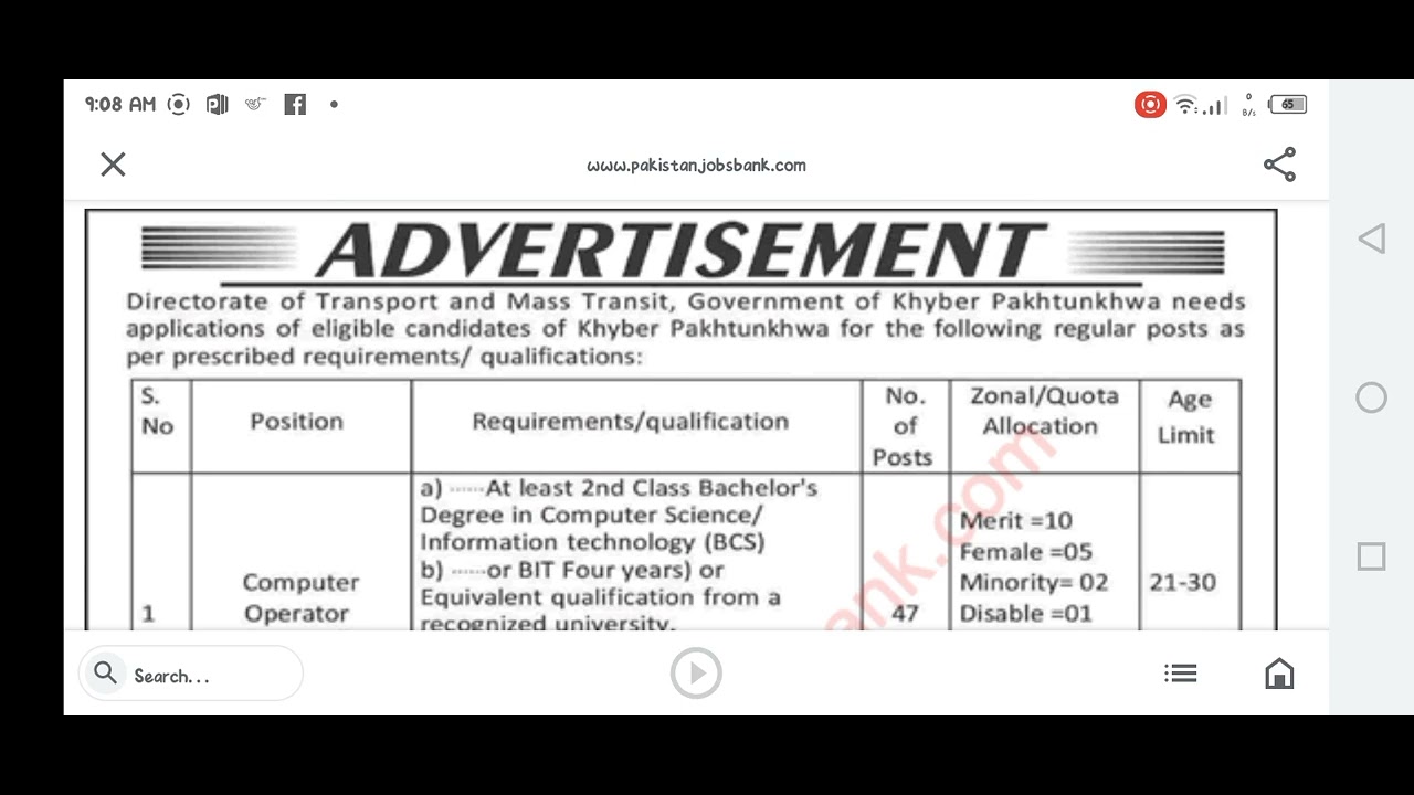 Transport and Mass Transit Department KPK Jobs July 2022 ETEA Apply online