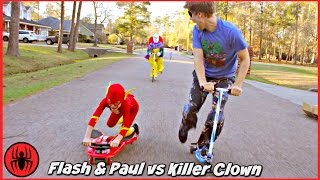 Scary Killer Clown Chases The Flash & Paul on Fuzion Scooters Real Life Movie Comics SuperHero Kids(, 2017-01-27T12:00:04.000Z)