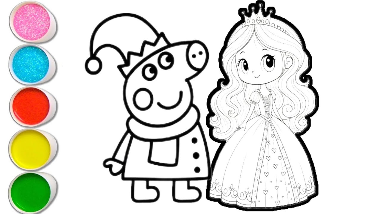 Drawing Princess Papi Peppa pig with princess drawing and coloring for kids and toddlers ...